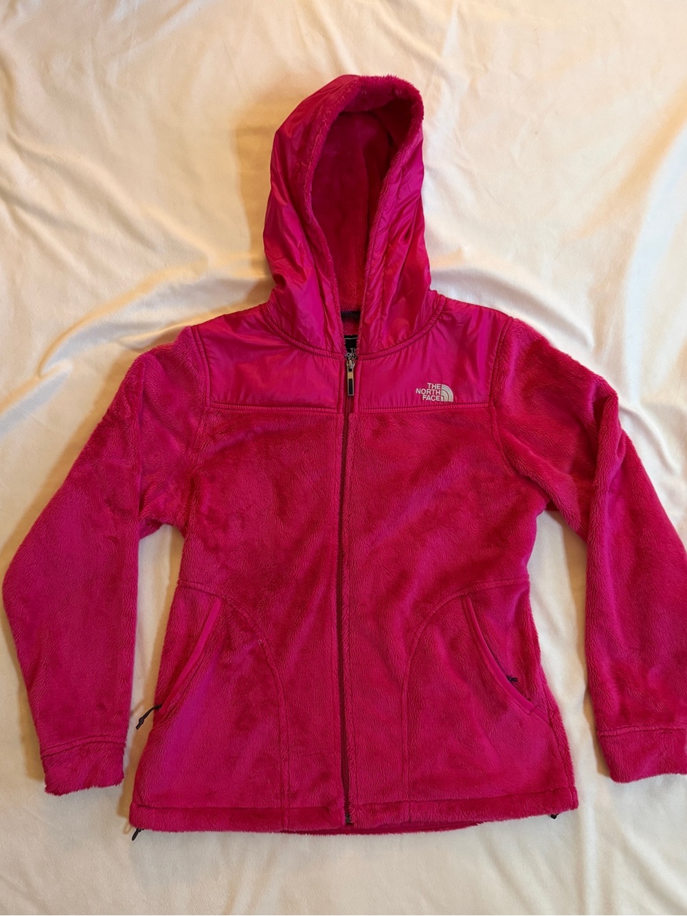 The North Face Womens M Pink Hooded Fuzzy Fleece Jacket Full Zip High Pile